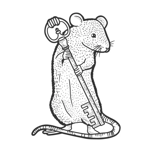Мышь с ключевой эскизной иллюстрацией вектора. Дизайн одежды для футболок. Имитация Доски Царапин. Черно-белое изображение. — стоковый вектор
