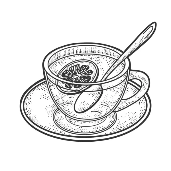 Tee mit Zitronenskizze als Vektorillustration. T-Shirt-Print-Design. Rubbelbrett-Imitat. Handgezeichnetes Schwarz-Weiß-Bild. — Stockvektor