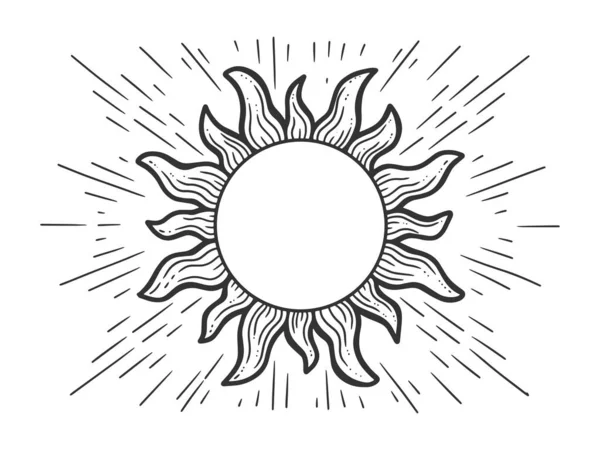 Desenho solar gravura vetor ilustração. T-shirt design de impressão de vestuário. Imitação de raspadinha. Imagem desenhada à mão preto e branco . — Vetor de Stock