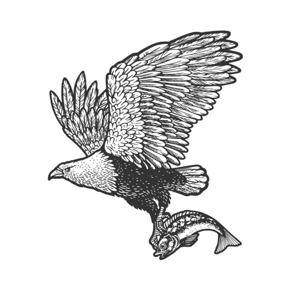 Adler trägt die Fischskizze als Vektorgrafik. T-Shirt-Print-Design. Rubbelbrett-Imitat. Handgezeichnetes Schwarz-Weiß-Bild. — Stockvektor