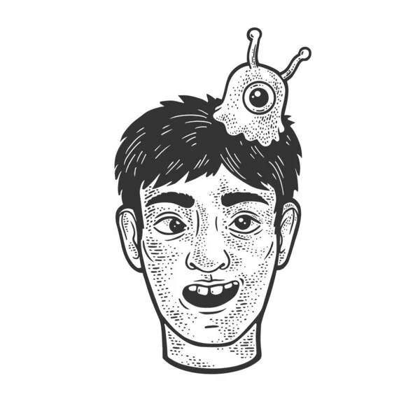 Άνθρωπος με εγκεφαλική σφαίρα σκίτσο χάραξης διανυσματική απεικόνιση. Σχεδιασμός εκτύπωσης ρούχων T-shirt. Απομίμηση χαρτονιού. Ασπρόμαυρη ζωγραφισμένη στο χέρι εικόνα. — Διανυσματικό Αρχείο