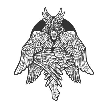 Melek dini mitolojik yaratık, kabartma vektör çizimi. Tişört giysisi baskısı tasarımı. Çizik tahtası taklidi. Siyah beyaz el çizimi resim.