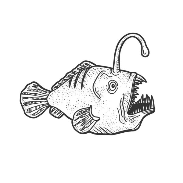 Pescador peixe de profundidade com desenho leve gravura vetor ilustração. T-shirt design de impressão de vestuário. Imitação de raspadinha. Imagem desenhada à mão preto e branco. —  Vetores de Stock