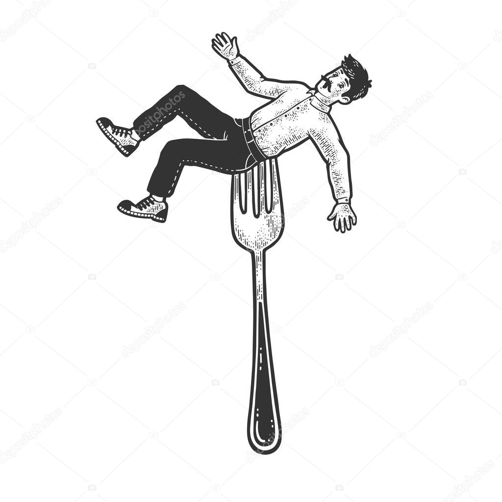 man strung on fork sketch engraving vector illustration. T-shirt apparel print design. Scratch board imitation. Black and white hand drawn image.