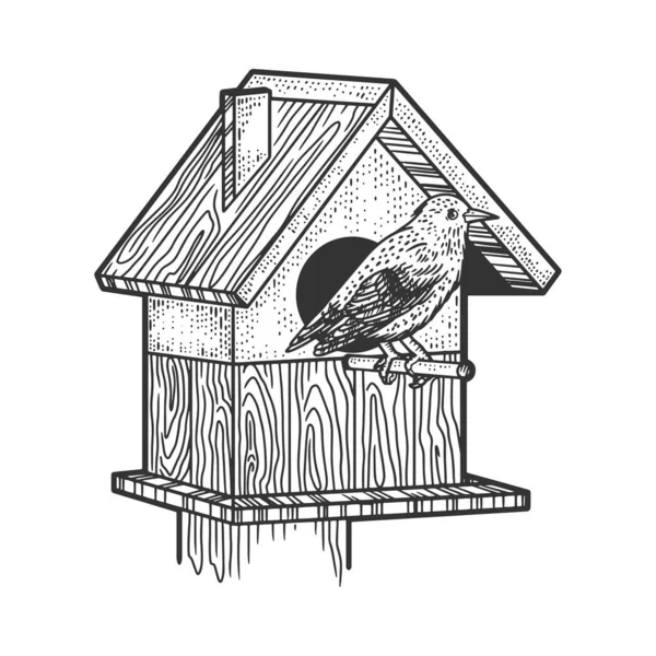 Spreeuw vogel in de buurt van het vogelhuis schets graveren vector illustratie. T-shirt kleding print ontwerp. Krasplank imitatie. Zwart en wit met de hand getekend afbeelding. — Stockvector