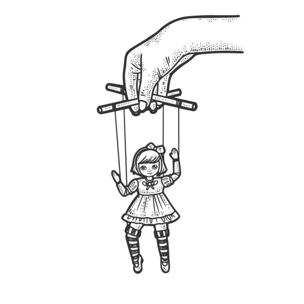 Ляльковий з ляльковою лялькою Ескіз гравюри Векторні ілюстрації. Дизайн футболки для друку. Імітація дошки подряпин. Чорно-біле намальоване зображення руки . — стоковий вектор