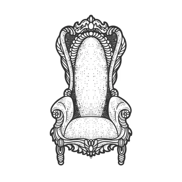 Королівський трон ескіз гравюри Векторні ілюстрації. Дизайн футболки для друку. Імітація дошки подряпин. Чорно-біле намальоване зображення руки . — стоковий вектор