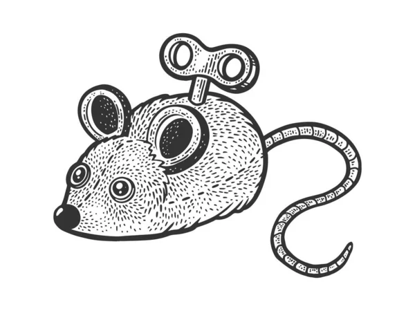 Relógio mouse brinquedo mecânico para desenho de gato gravura vetor ilustração. T-shirt design de impressão de vestuário. Imitação de raspadinha. Imagem desenhada à mão preto e branco. —  Vetores de Stock