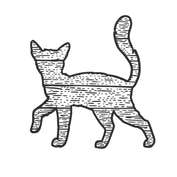 Trä katt sällskapsdjur siluett skiss gravyr vektor illustration. T-shirt kläder tryck design. Skrapbrädesimitation. Svart och vit handritad bild. — Stock vektor