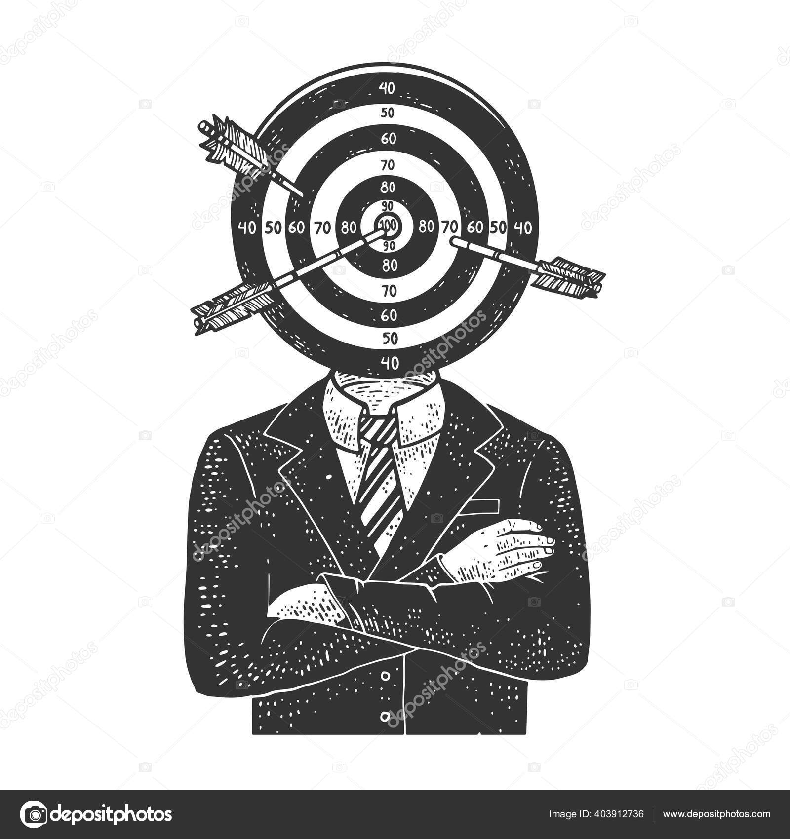 Sigt mål med pile hoved forretningsmand skitse gravering vektor  illustration. T-shirt tøj print design. Efterligning af skrabelodder. Sort  og hvid håndtegnet billede. Stockvektor af ©AlexanderPokusay 403912736, image size:1600x1700
