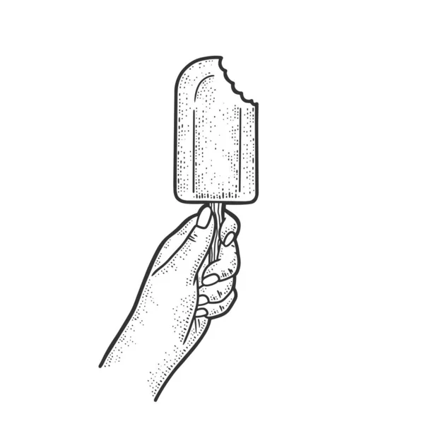 Bitten ice cream on a stick sketch engraving vector illustration. T-shirt apparel print design. Scratch board imitation. Black and white hand drawn image. — Stock Vector