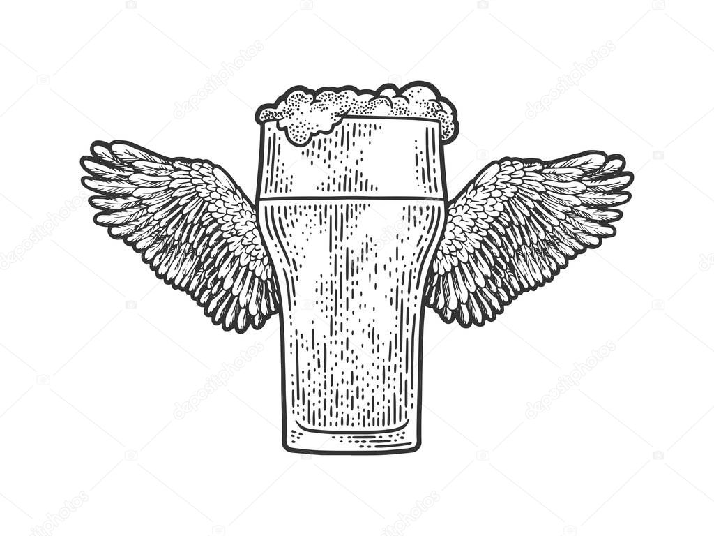 glass of beer with wings sketch engraving vector illustration. T-shirt apparel print design. Scratch board imitation. Black and white hand drawn image.