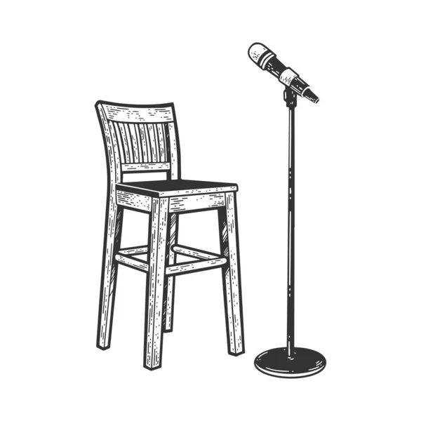 Stå upp komedi stol och mikrofon skiss gravyr vektor illustration. T-shirt kläder tryck design. Skrapbrädesimitation. Svart och vit handritad bild. — Stock vektor