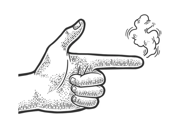 Πιστόλι πιστόλι χέρι χειρονομία με καπνό σκίτσο χάραξη διάνυσμα εικονογράφηση. Σχεδιασμός εκτύπωσης ρούχων T-shirt. Απομίμηση χαρτονιού. Ασπρόμαυρη ζωγραφισμένη στο χέρι εικόνα. — Διανυσματικό Αρχείο
