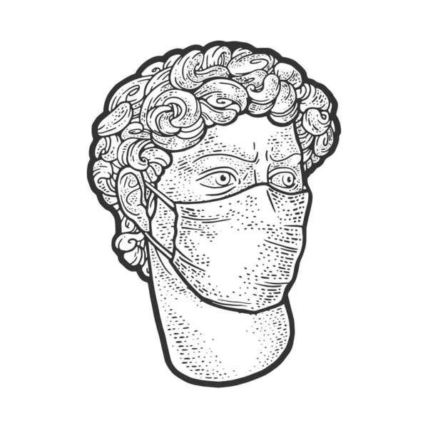 Huvud av en staty av David i medicinsk mask skiss gravyr vektor illustration. T-shirt kläder tryck design. Skrapbrädesimitation. Svart och vit handritad bild. — Stock vektor