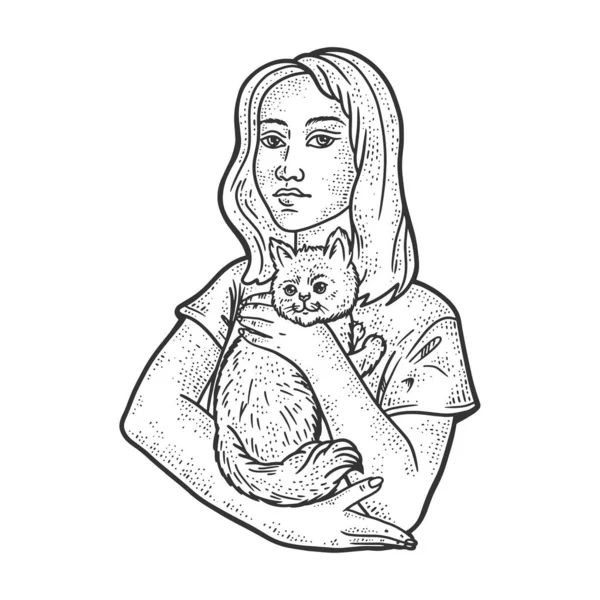 Γυναίκα με κατοικίδιο γάτα σκίτσο χάραξη διάνυσμα εικονογράφηση. Σχεδιασμός εκτύπωσης ρούχων T-shirt. Απομίμηση χαρτονιού. Ασπρόμαυρη ζωγραφισμένη στο χέρι εικόνα. — Διανυσματικό Αρχείο