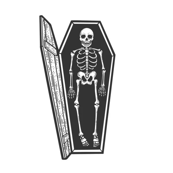 Squelette de dessin animé dans un cercueil ouvert croquis gravure vectorielle illustration. T-shirt imprimé design. Imitation de carte à gratter. Image dessinée à la main noir et blanc. — Image vectorielle