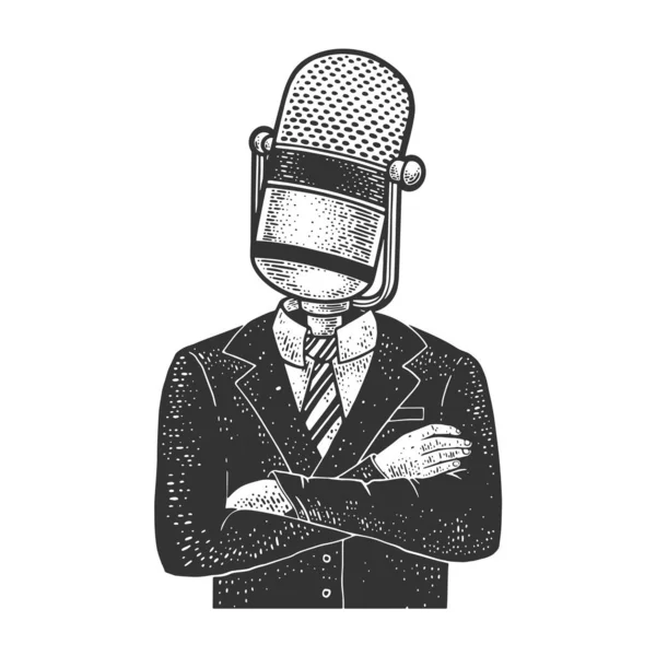 Встать комедийный микрофон головной бизнесмен эскиз гравировки векторной иллюстрации. Дизайн одежды для футболок. Имитация Доски Царапин. Черно-белое изображение. — стоковый вектор