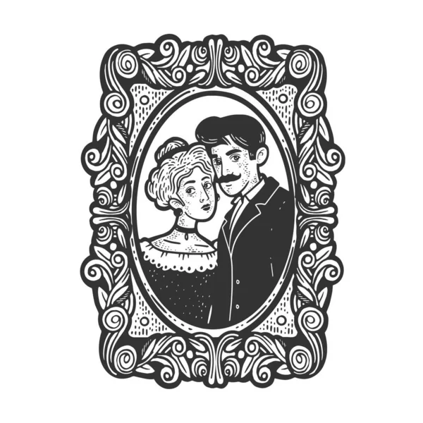 Vintage ντεμοντέ φωτογραφία ενός παντρεμένου ζευγαριού σκίτσο χάραξη διάνυσμα εικονογράφηση. Σχεδιασμός εκτύπωσης ρούχων T-shirt. Απομίμηση χαρτονιού. Ασπρόμαυρη ζωγραφισμένη στο χέρι εικόνα. — Διανυσματικό Αρχείο
