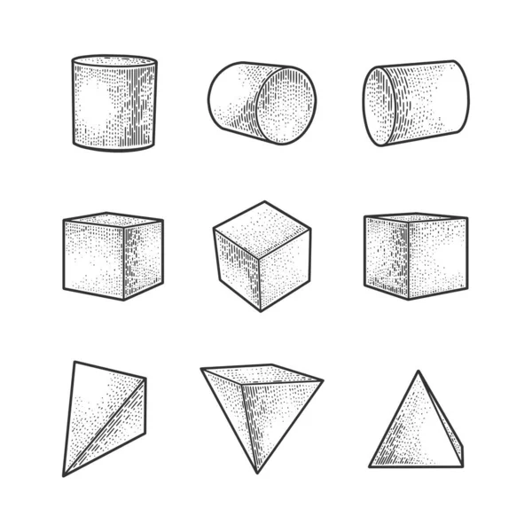 Conjunto de formas geométricas cubo de cilindro e pirâmide esboço gravura vetor ilustração. T-shirt design de impressão de vestuário. Imitação de raspadinha. Imagem desenhada à mão preto e branco. — Vetor de Stock