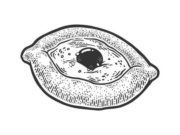 Prato georgiano Khachapuri de queijo preenchido esboço de pão gravura vetor ilustração. T-shirt design de impressão de vestuário. Imitação de raspadinha. Imagem desenhada à mão preto e branco. —  Vetores de Stock