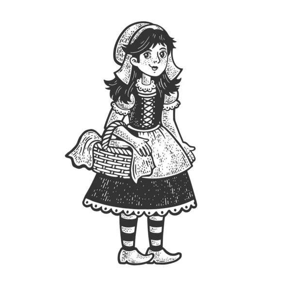Little Red Riding Hood flicka karaktär skiss gravyr vektor illustration. T-shirt kläder tryck design. Skrapbrädesimitation. Svart och vit handritad bild. — Stock vektor