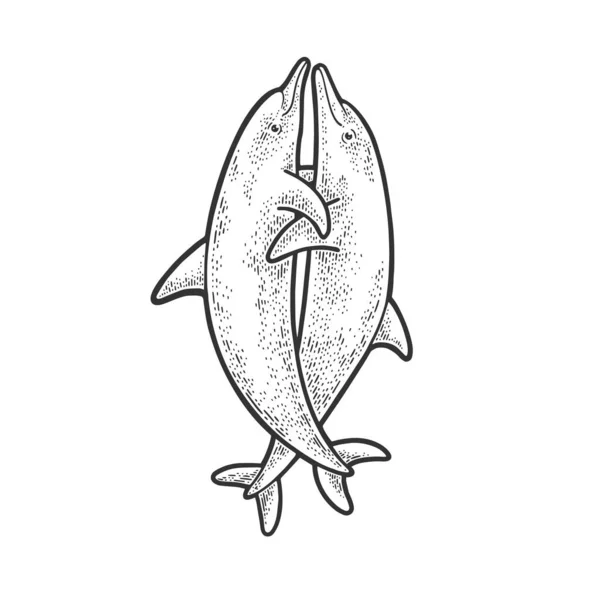 Abrazando delfines bosquejo grabado vector ilustración. Diseño de estampado de ropa de camiseta. Scratch board imitación. Imagen dibujada a mano en blanco y negro. — Vector de stock
