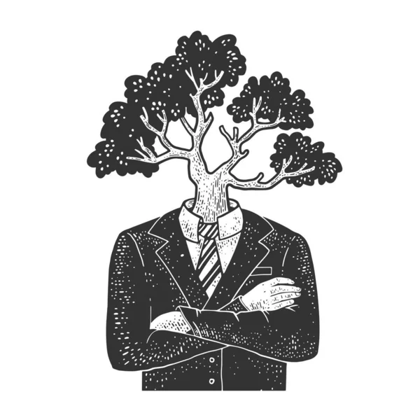 Дерево голова бізнесмен ескіз гравюра Векторні ілюстрації. Дизайн футболки для друку. Імітація дошки подряпин. Чорно-біле намальоване зображення руки . — стоковий вектор