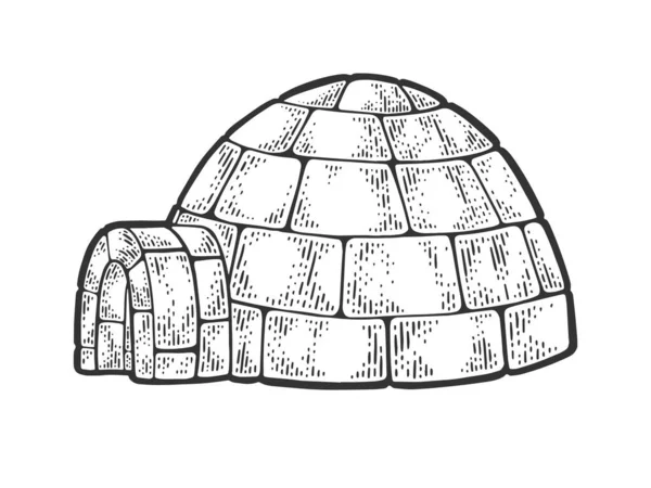 Igloo cabane à neige maison croquis gravure vectorielle illustration. T-shirt imprimé design. Imitation de carte à gratter. Image dessinée à la main noir et blanc. — Image vectorielle