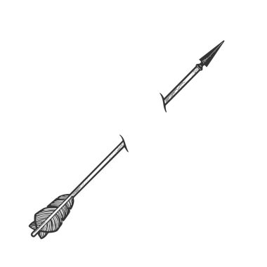 Ok, kabartma vektör çizimini delmiş. Tişört giysisi baskısı tasarımı. Çizik tahtası taklidi. Siyah beyaz el çizimi resim.