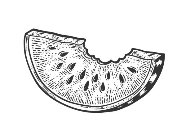 Biten skiva av vattenmelon skiss gravyr vektor illustration. T-shirt kläder tryck design. Skrapbrädesimitation. Svart och vit handritad bild. — Stock vektor