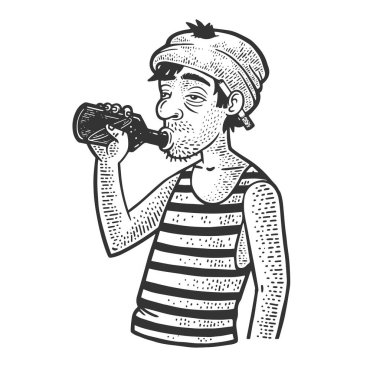 Şişe çizimi olan bir sarhoş vektör çizimi. Tişört giysisi baskısı tasarımı. Çizik tahtası taklidi. Siyah beyaz el çizimi resim.