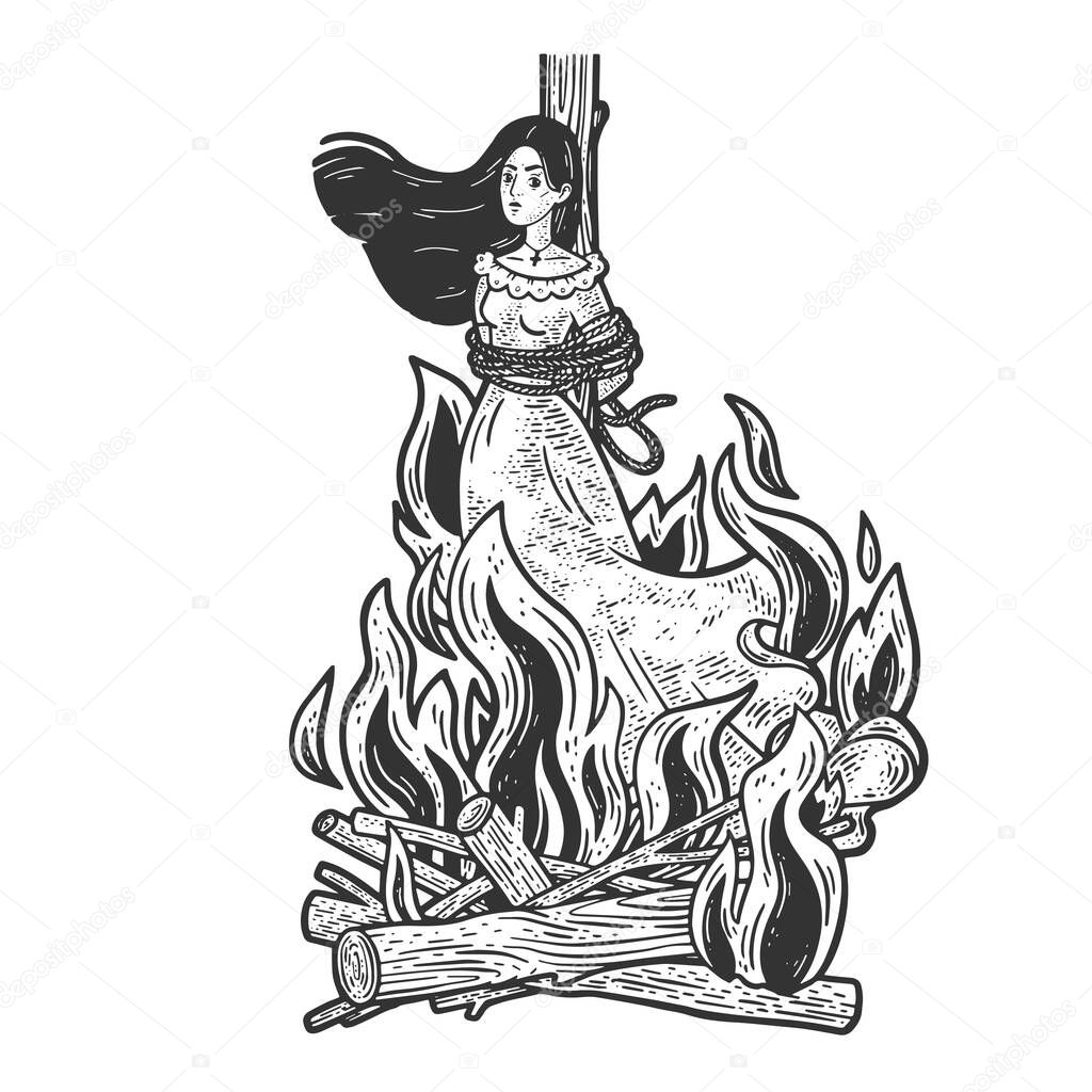 witch is burning in flames sketch engraving vector illustration. T-shirt apparel print design. Scratch board imitation. Black and white hand drawn image.