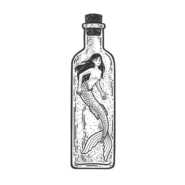 Meerjungfrau in flasche fabelhafte frau geschöpf skizze gravur vektorillustration. T-Shirt-Print-Design. Rubbelbrett-Imitat. Handgezeichnetes Schwarz-Weiß-Bild. — Stockvektor