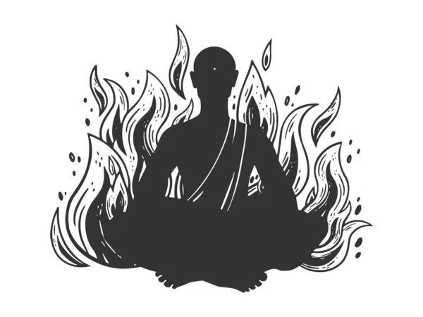 Brûlure dans le feu flamme méditant moine croquis gravure vectorielle illustration. T-shirt imprimé design. Imitation de carte à gratter. Image dessinée à la main noir et blanc. — Image vectorielle