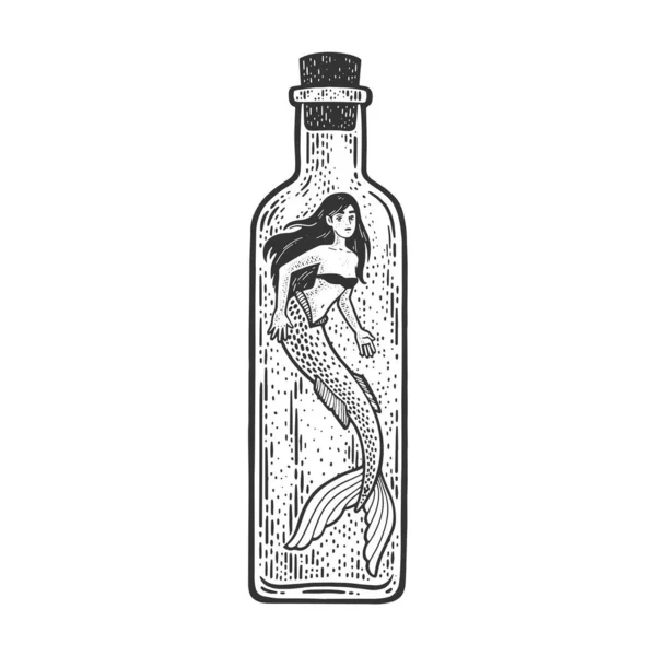 Sirena en botella fabulosa criatura mujer boceto grabado vector ilustración. Diseño de estampado de ropa de camiseta. Scratch board imitación. Imagen dibujada a mano en blanco y negro. — Vector de stock