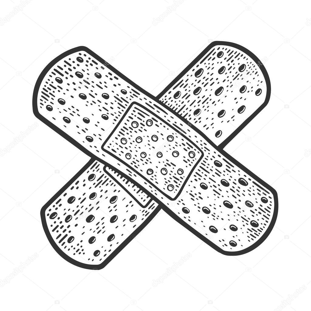 adhesive sticking medical bandage plaster cross sketch engraving vector illustration. T-shirt apparel print design. Scratch board imitation. Black and white hand drawn image.