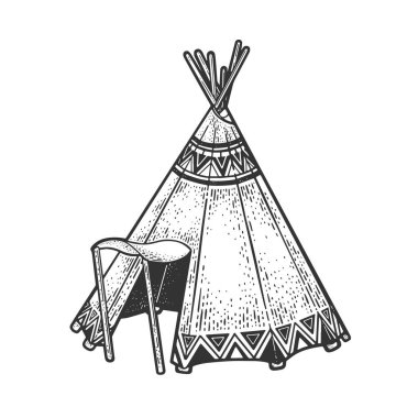 Wigwam kızılderili kabilelerinin kulübesi çizimi, oyma vektör çizimi. Tişört giysisi baskısı tasarımı. Çizik tahtası taklidi. Siyah beyaz el çizimi resim.