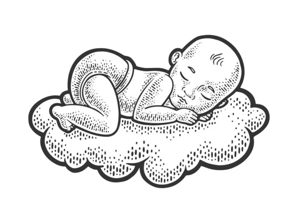 Bebê bebê bebê bebê dormindo na nuvem esboço gravura vetor ilustração. T-shirt design de impressão de vestuário. Imitação de raspadinha. Imagem desenhada à mão preto e branco. — Vetor de Stock