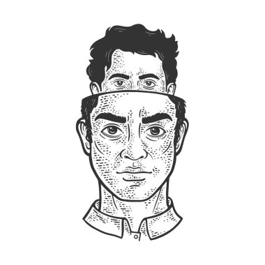 Kafa içi bölünmüş kişilik metaforu çizimi oyma vektörü çizimi. Tişört giysisi baskısı tasarımı. Çizik tahtası taklidi. Siyah beyaz el çizimi resim.