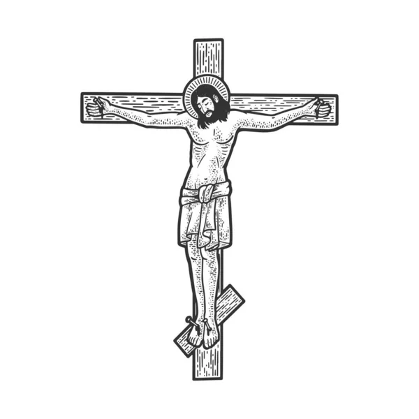 Jezus Christus kruisiging op kruis religieus symbool van het christendom schets graveren vector illustratie. T-shirt kleding print ontwerp. Krasplank imitatie. Zwart en wit met de hand getekend afbeelding. — Stockvector