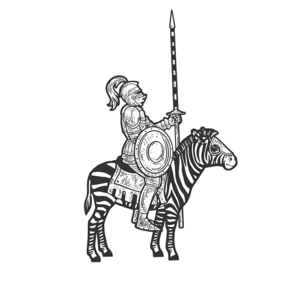 Mittelalterlicher Ritter, der auf einem Zebra reitet. T-Shirt-Print-Design. Rubbelbrett-Imitat. Handgezeichnetes Schwarz-Weiß-Bild. — Stockvektor