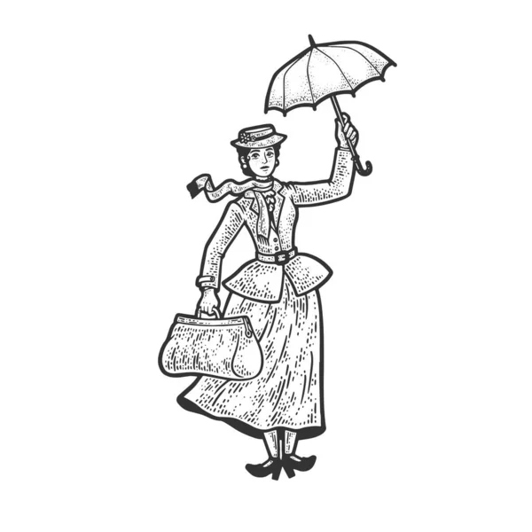 Mary Poppins cartone animato racconto personaggio immaginario schizzo incisione vettoriale illustrazione. T-shirt abbigliamento design di stampa. Imitazione del gratta e Vinci. Immagine disegnata a mano in bianco e nero. — Vettoriale Stock