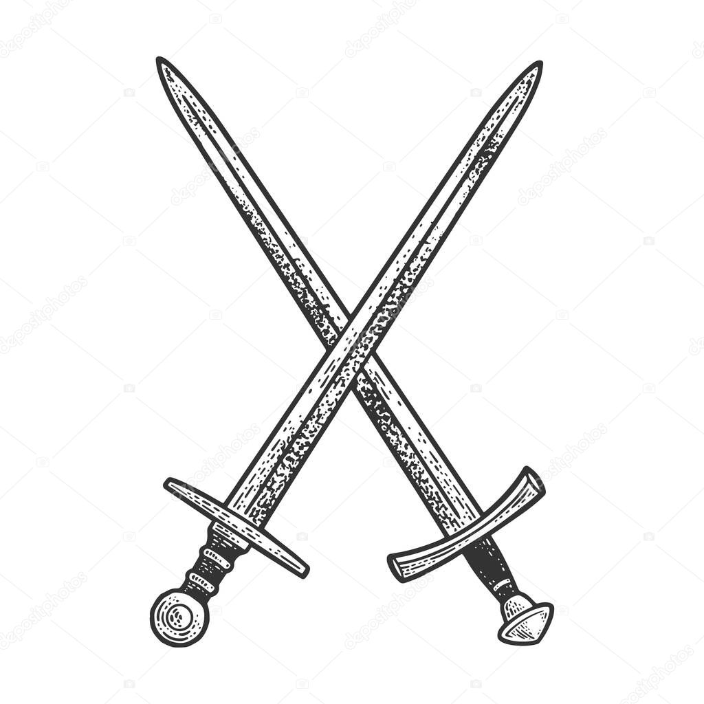 Crossed swords sketch engraving vector illustration. T-shirt apparel print design. Scratch board imitation. Black and white hand drawn image.