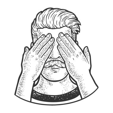 Adam elleriyle gözlerini kapadı. Kabartma vektör çizimi çizdi. Tişört giysisi baskısı tasarımı. Çizik tahtası taklidi. Siyah beyaz el çizimi resim.