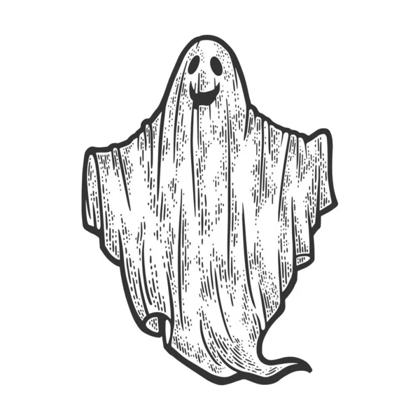 Листовой призрак с гравировкой эскиза улыбки векторная иллюстрация. Дизайн одежды для футболок. Имитация Доски Царапин. Черно-белое изображение. — стоковый вектор
