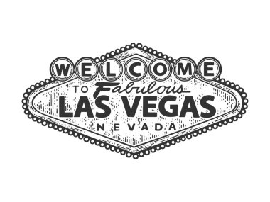 Muhteşem Las Vegas işaret çizimi çizim vektör illüstrasyonuna hoş geldiniz. Tişört giysisi baskısı tasarımı. Çizik tahtası taklidi. Siyah beyaz el çizimi resim.