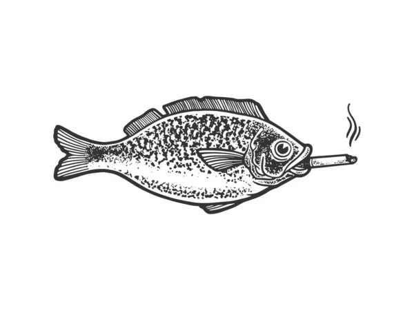 Pescado fuma un boceto de cigarrillo grabado vector ilustración. Diseño de estampado de ropa de camiseta. Scratch board imitación. Imagen dibujada a mano en blanco y negro. — Vector de stock