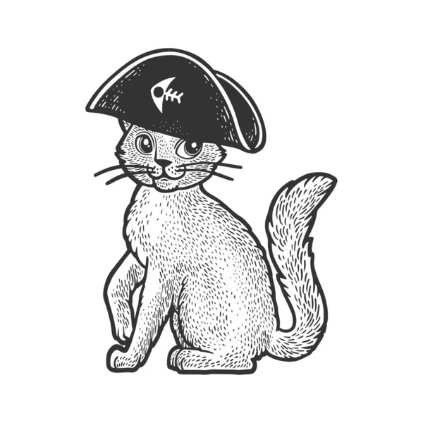 Pirate chat dessin animé personnage croquis gravure vectorielle illustration. T-shirt imprimé design. Imitation de carte à gratter. Image dessinée à la main noir et blanc. — Image vectorielle