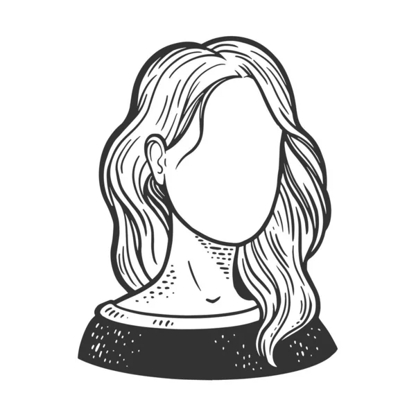 Kvinna kvinna flicka ansikte mall utan ögon näsa och mun skiss gravyr vektor illustration. T-shirt kläder tryck design. Skrapbrädesimitation. Svart och vit handritad bild. — Stock vektor
